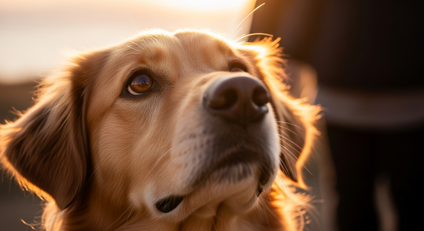 A dog gazing up lovingly at its owner