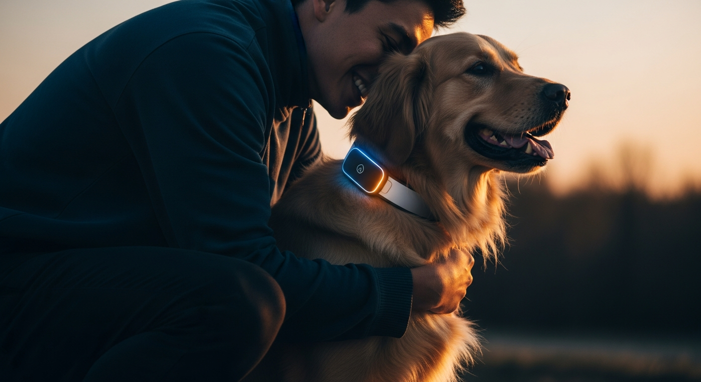 A person hugging a dog wearing a talking dog collar