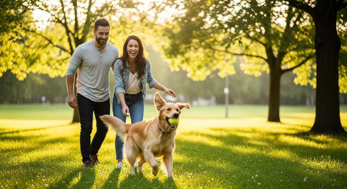 A dog playing outdoors in a park with kids on a summer day