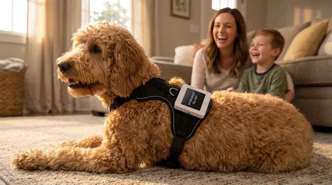 Illustration: a doodle on the rug wearing SPEAK while a mom and son laugh on the couch