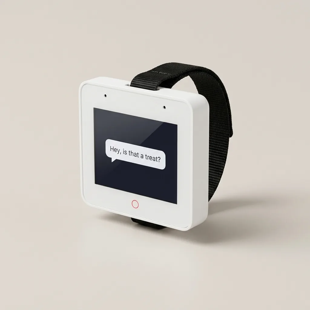 Illustration of the SPEAK Founder's Edition unit on its strap, screen reading Hey, is that a treat?